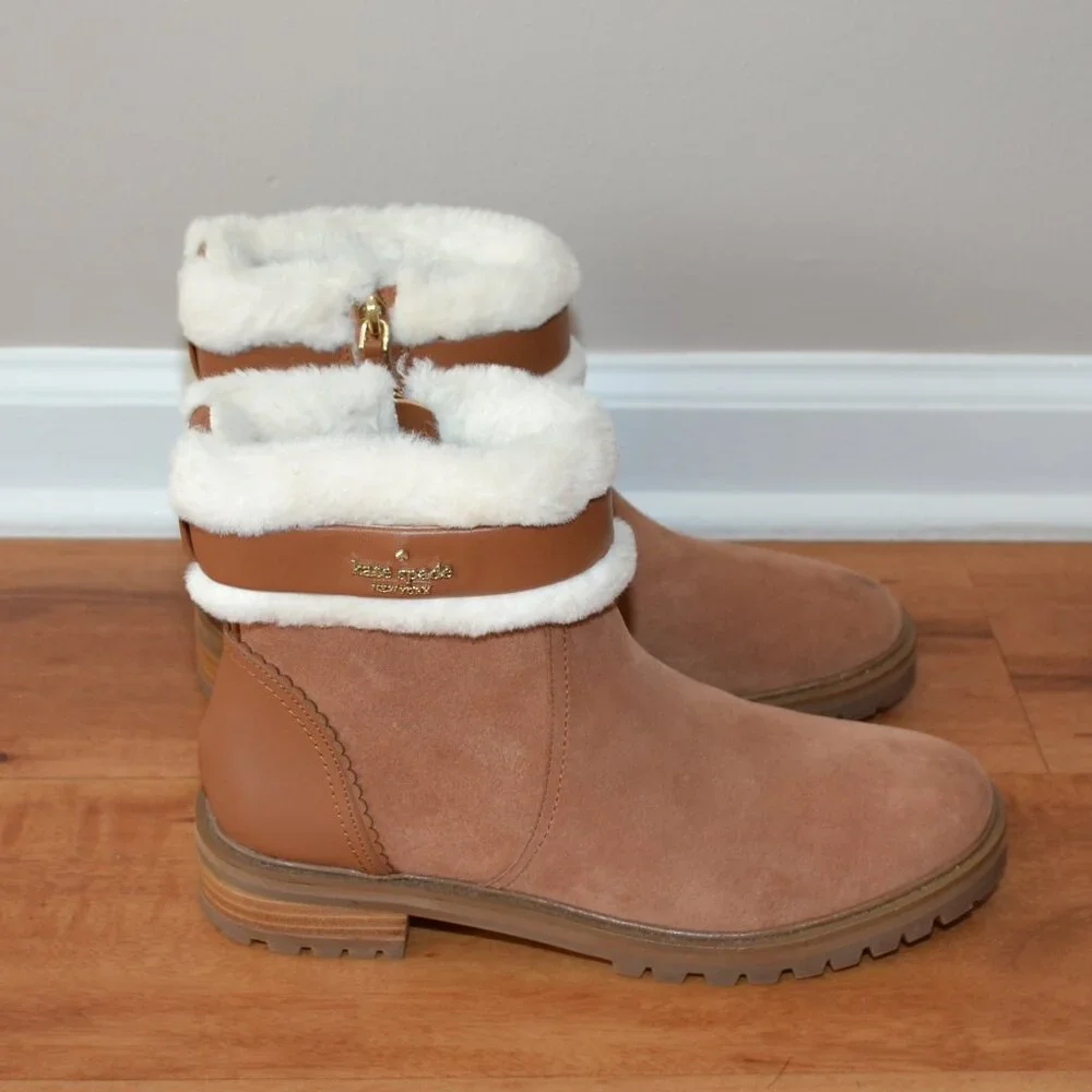 KATE SPADE NEW Bailee Faux Fur Lined Warm Gingerbread suede Ankle Booties 7.5